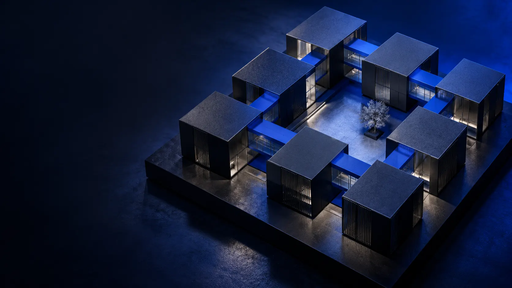 Scénographie illustrative ASM3I : des volumes modulaires reliés par des passerelles bleues autour d’un espace central.